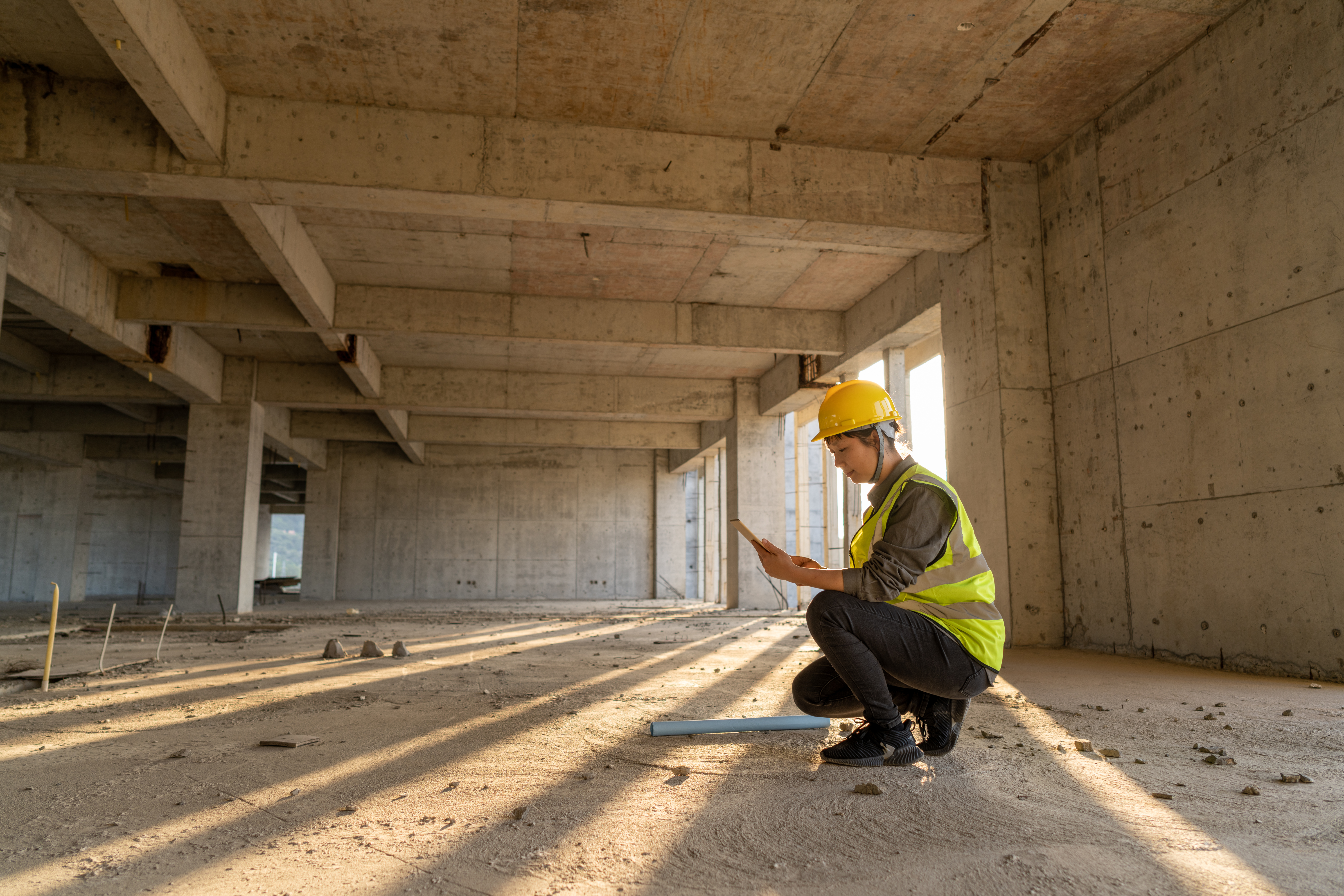 A construction worker wearing a yellow hard hat and safety vest kneels on the floor of an unfinished concrete building, examining a tablet in natural light streaming through large windows.