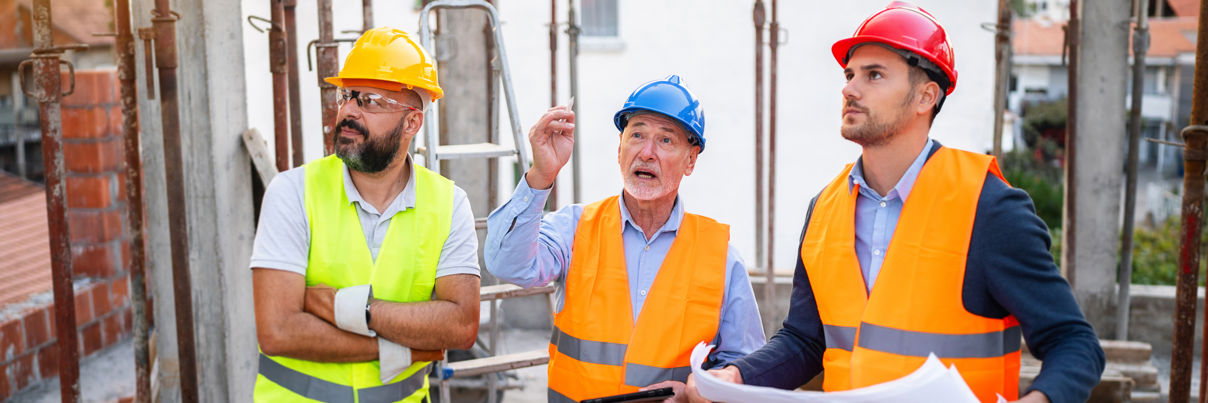 Caucasian Architects Having An Meeting With An Building Contractor, On A Construction Site Stock Photo