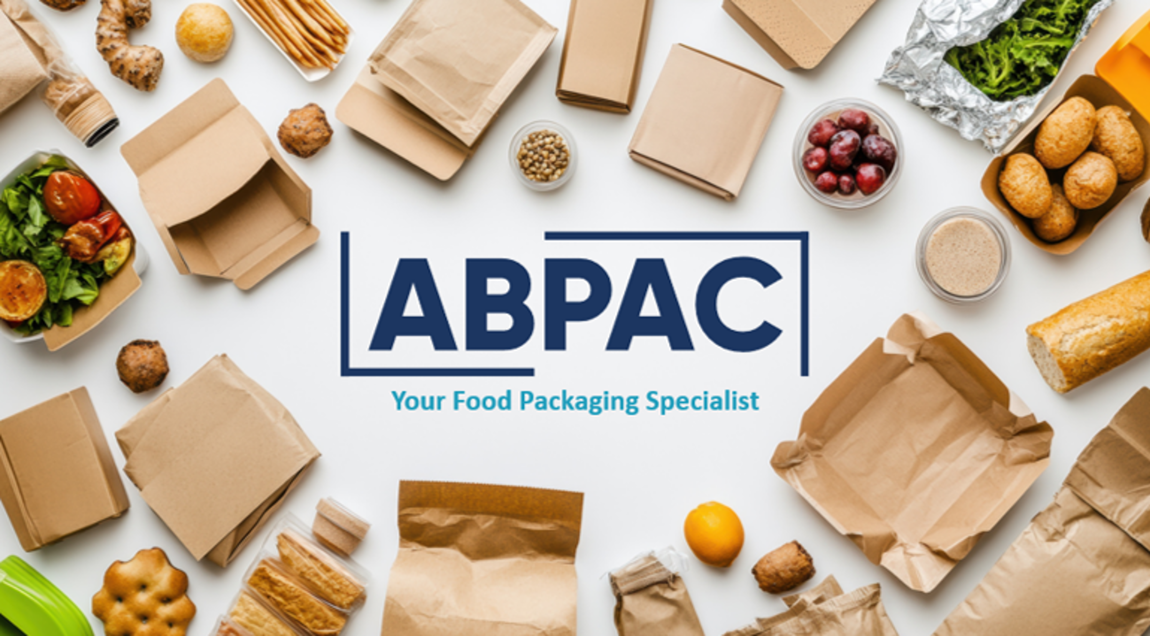 Assorted food items and eco-friendly packaging are arranged around the ABPAC logo, with the tagline "Your Food Packaging Specialist" on a white background.
