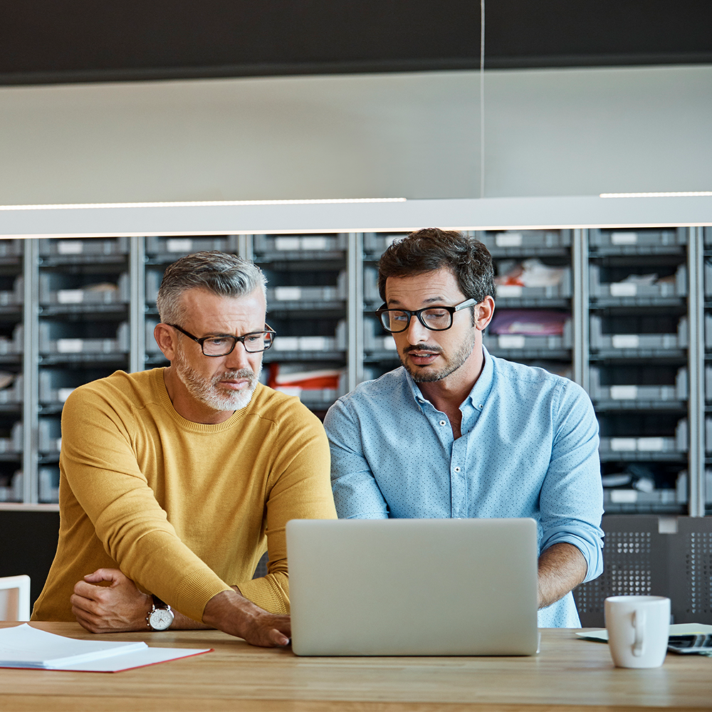 Two men wearing glasses look at a laptop together at a desk in an office.
