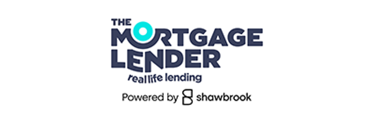 Logo for The Mortgage Lender with the tagline “real life lending,” and the text “Powered by Shawbrook” below, accompanied by the Shawbrook logo.