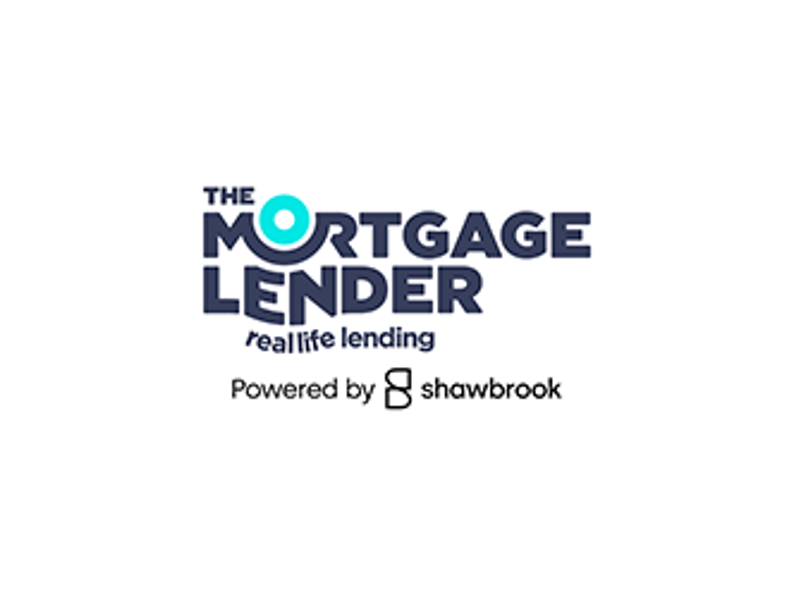 Logo for The Mortgage Lender with the tagline “real life lending,” and the text “Powered by Shawbrook” below, accompanied by the Shawbrook logo.