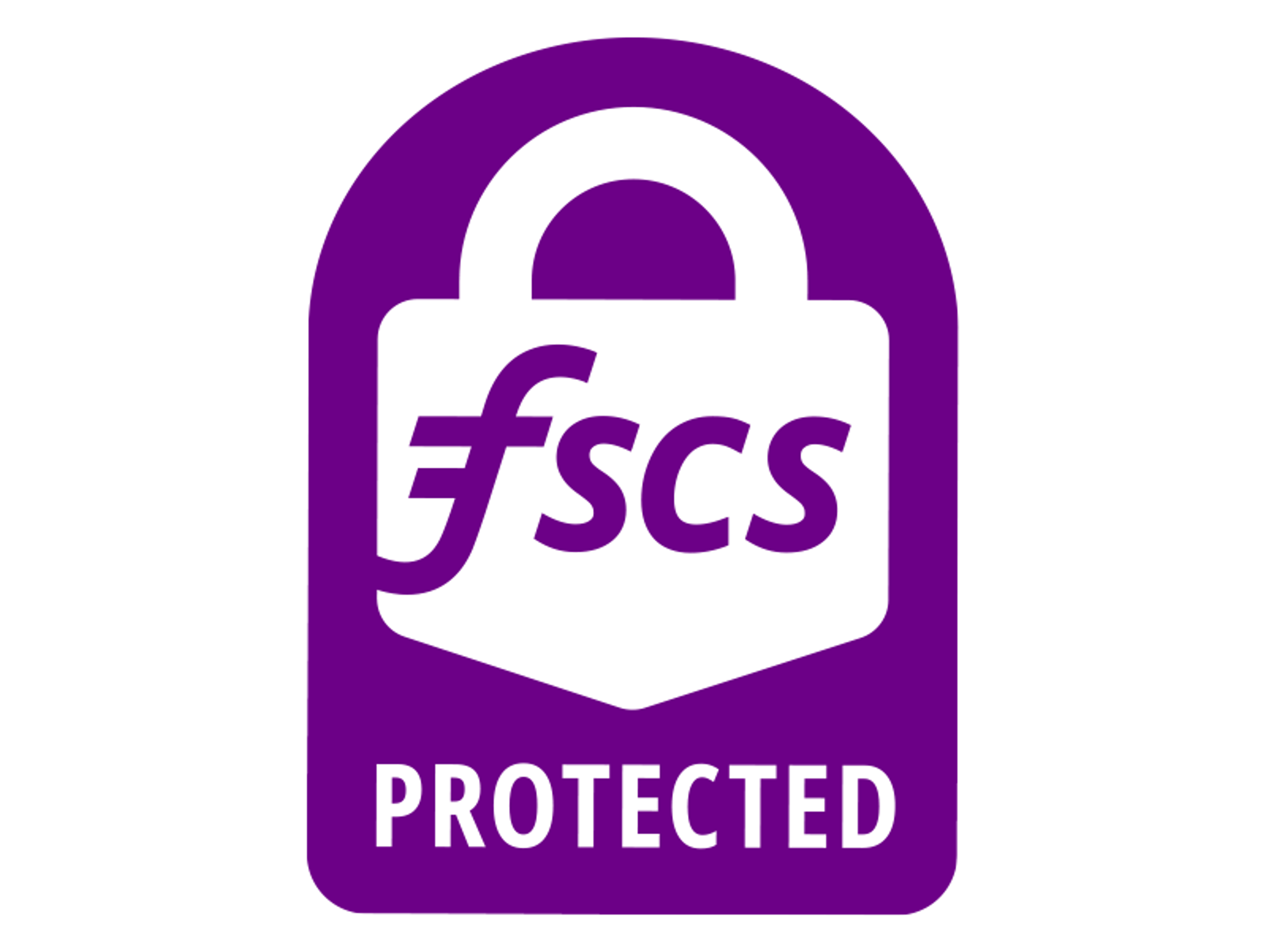 FSCS Protected logo featuring a white padlock icon on a purple background with the text "fscs" in the center and "PROTECTED" written below in white letters.