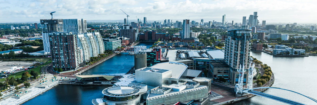 Drone view of Media city Salford quays, Manchester