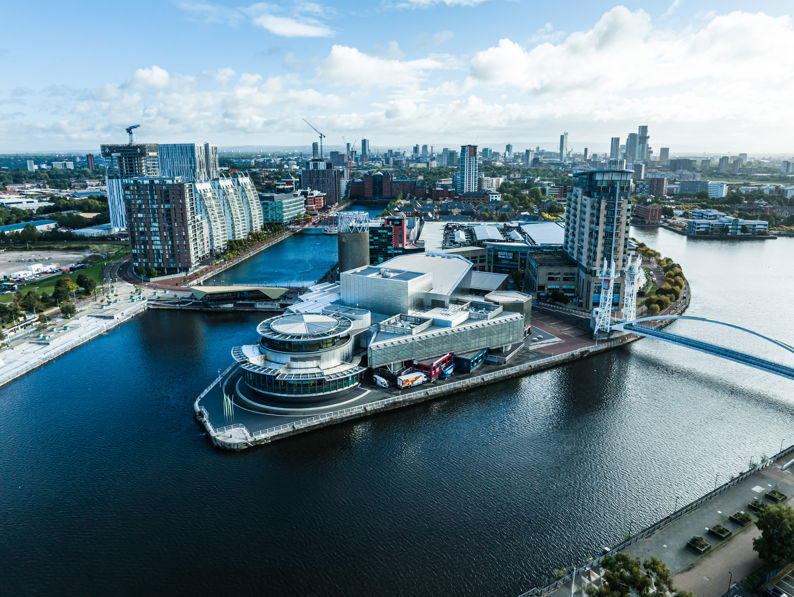 Drone view of Media city Salford quays, Manchester