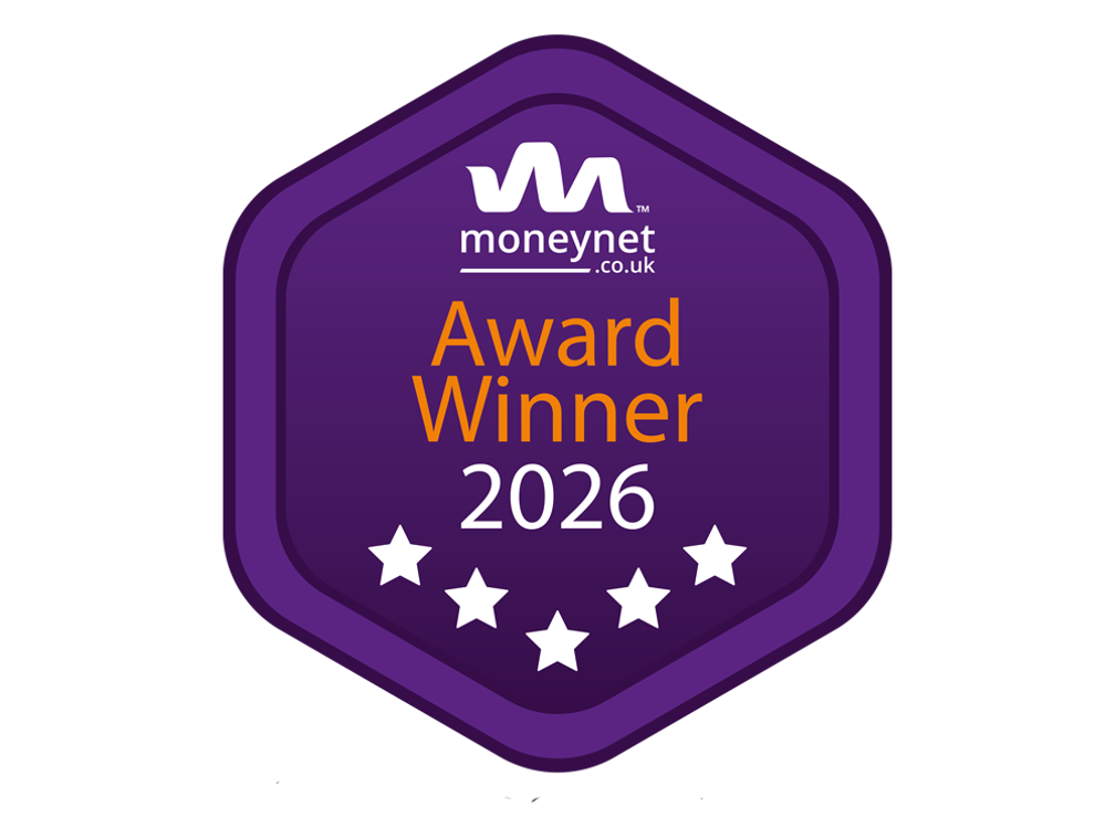 A purple hexagon badge with the text "moneynet.co.uk Award Winner 2026" and five white stars below the text, set against a black background.