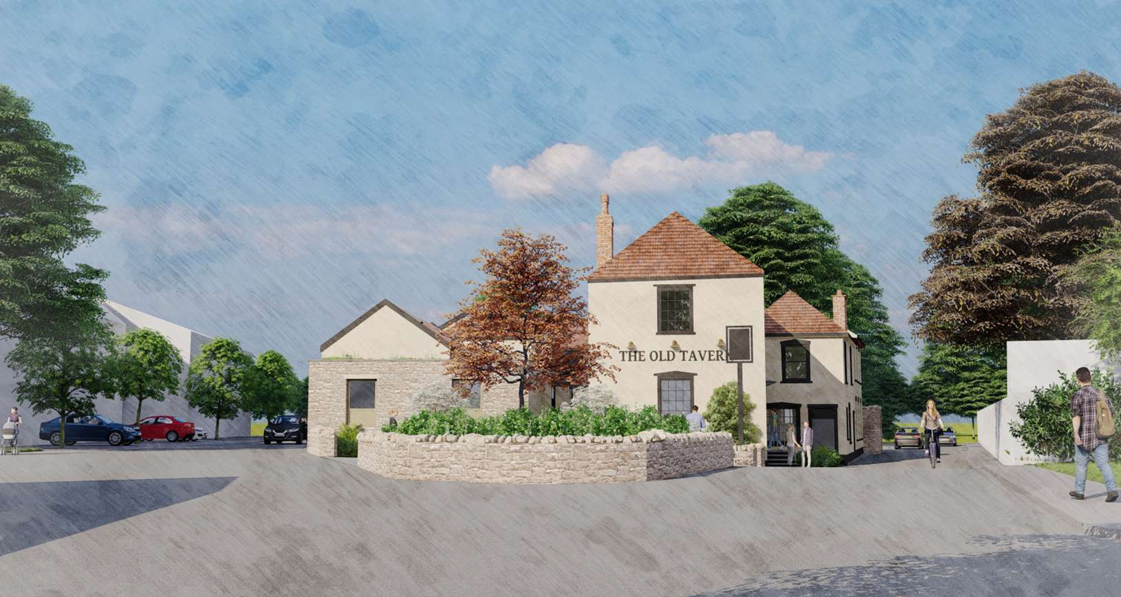 Architectural rendering of The Old Tavern, a multi-section building with a stone-walled garden in front, set in a town street with trees and pedestrians.