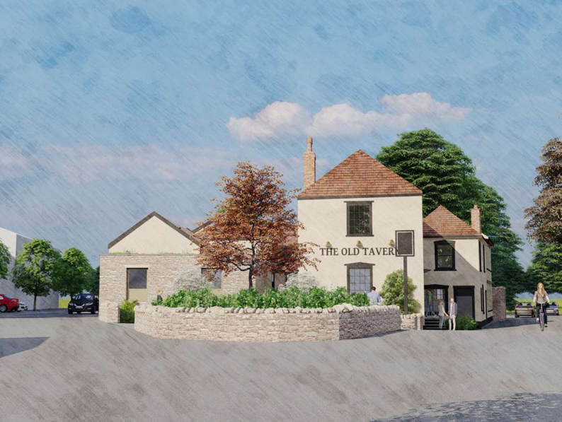 Architectural rendering of The Old Tavern, a multi-section building with a stone-walled garden in front, set in a town street with trees and pedestrians.
