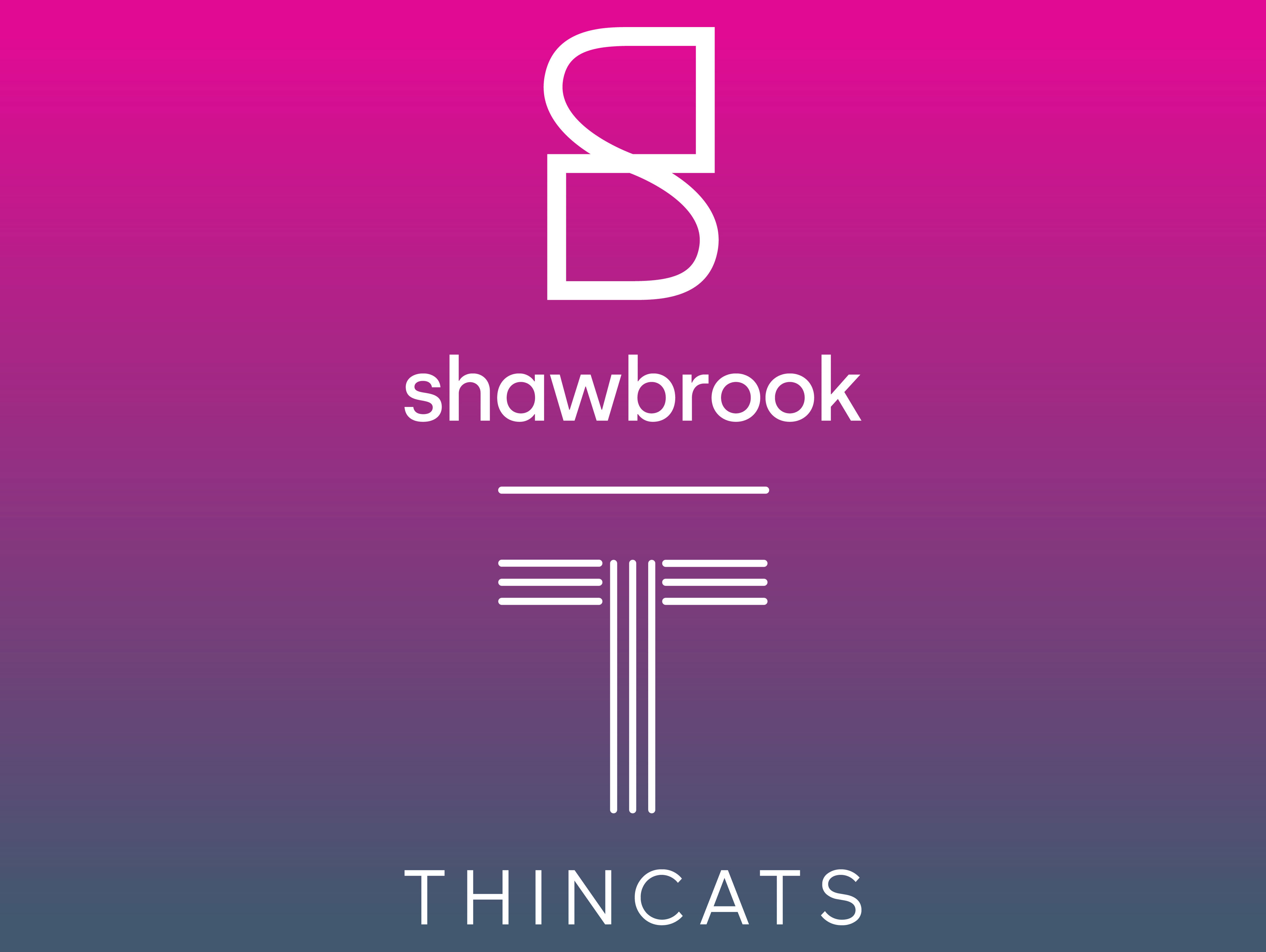 Shawbrook and ThinCats logos on a pink to purple gradient background, with Shawbrook's stylized "S" above its name and ThinCats' stylized "T" above its name.