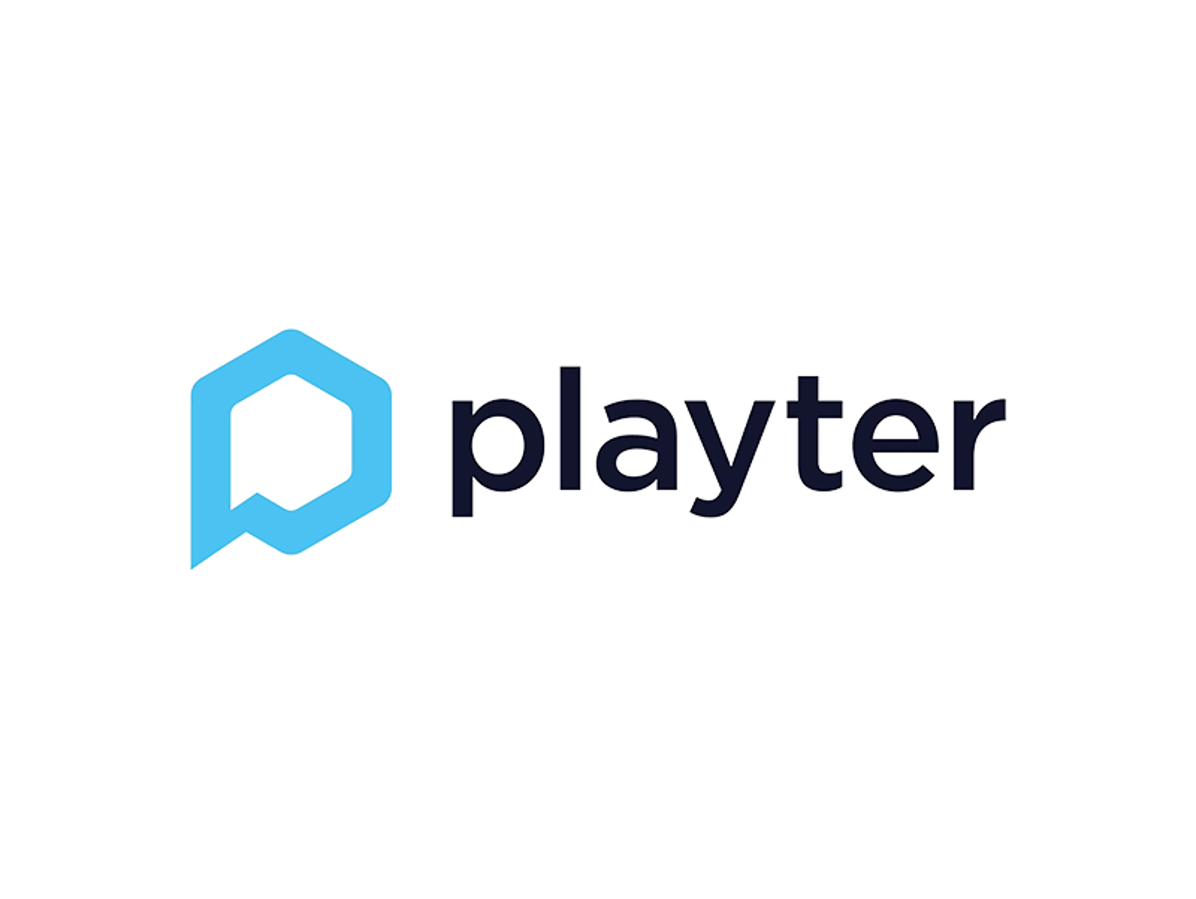 The image shows the word "playter" in lowercase black letters next to a blue geometric logo resembling a hexagon with an open side and a speech bubble. The background is white.