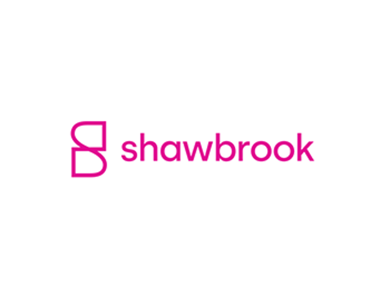 Shawbrook logo featuring a stylized pink "S" icon on the left and the word "shawbrook" in lowercase pink letters on a white rectangular background with a black border.