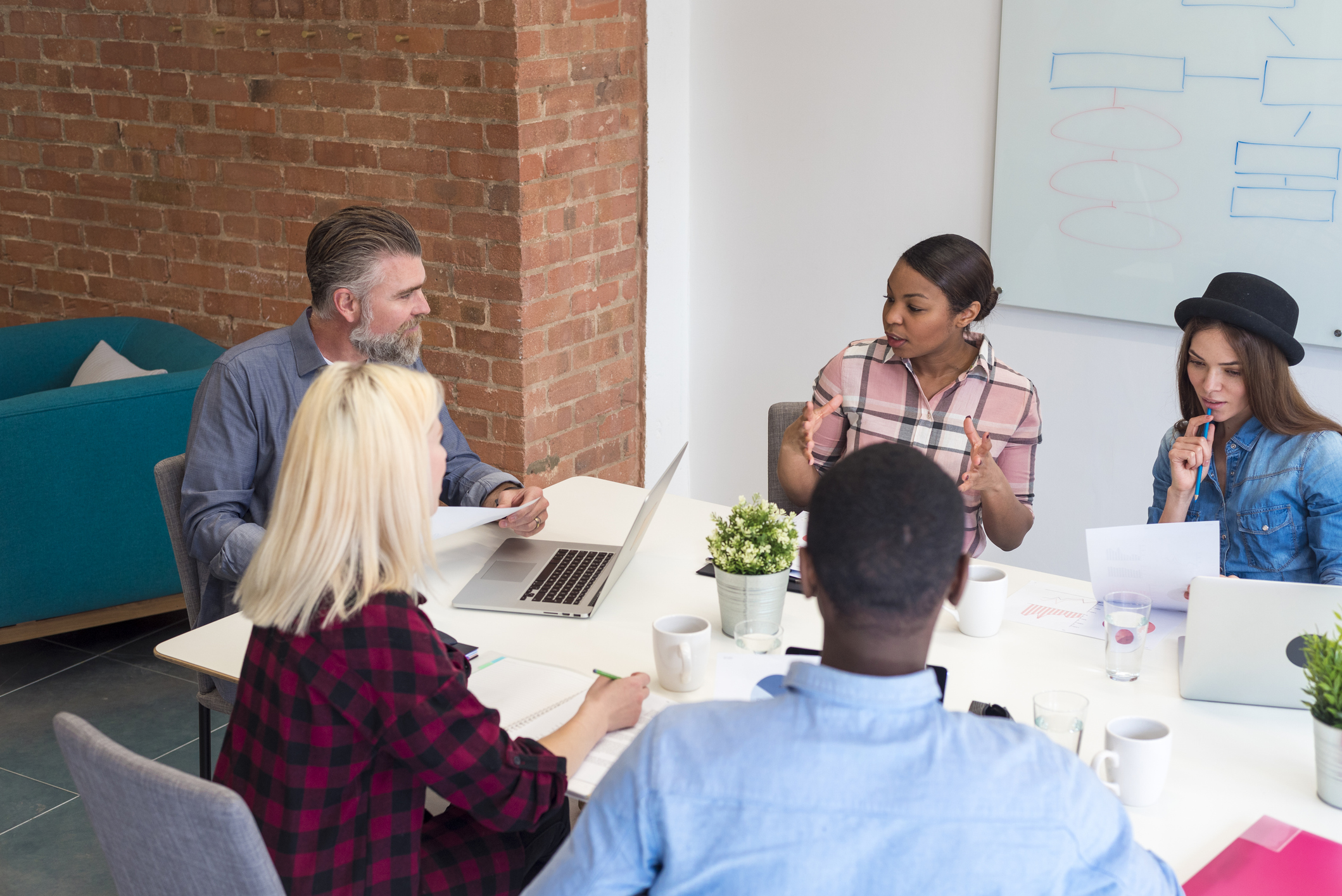 Five people sit around a table in a modern office, engaged in discussion with laptops, papers, and coffee cups in front of them. A whiteboard with diagrams is visible in the background.