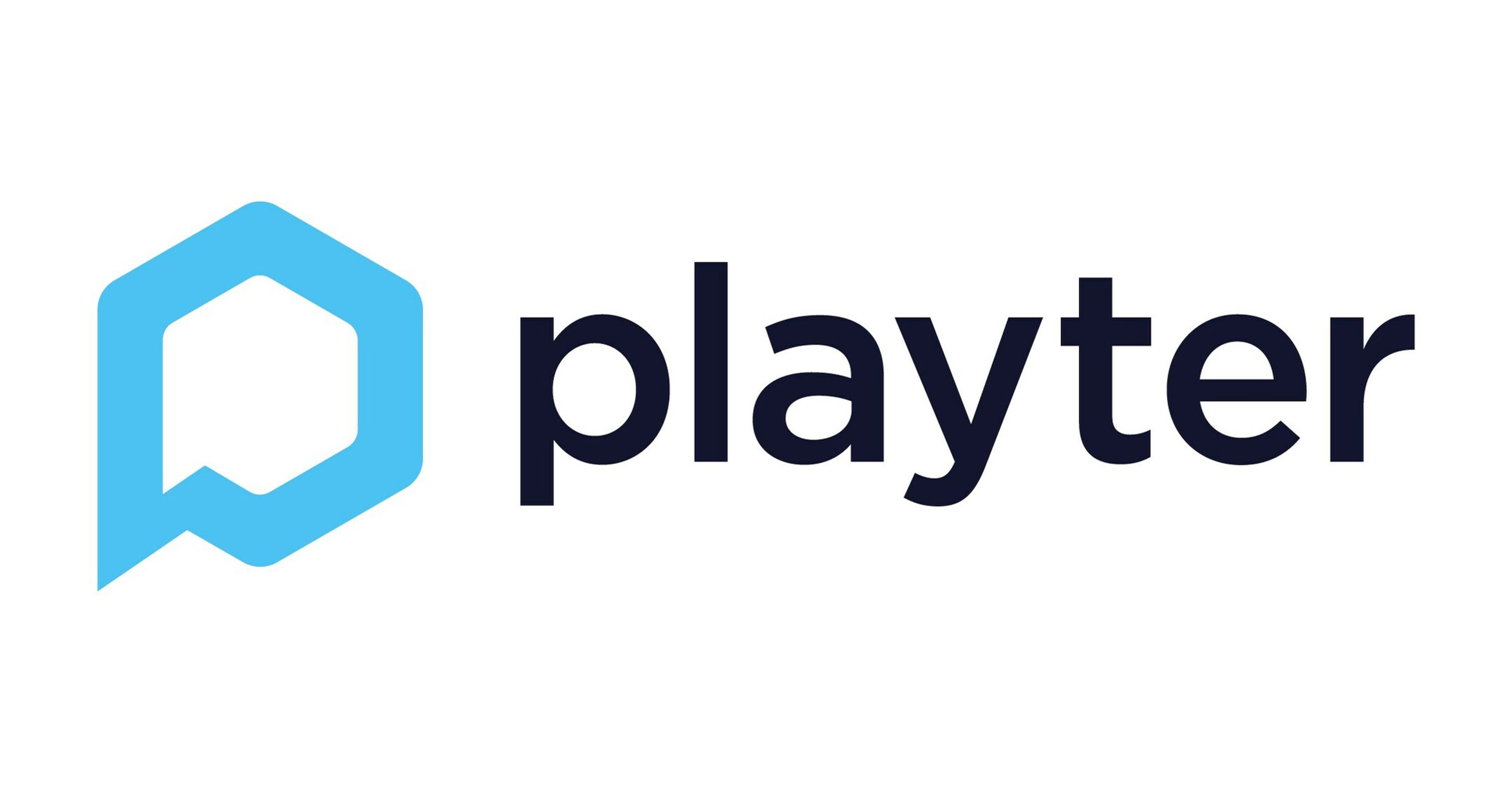 The image shows the word "playter" in lowercase, bold black letters next to a blue geometric logo resembling a stylized chat bubble or letter "P" on a white background.