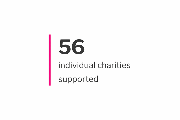 Bold text reads "56 individual charities supported" with a vertical pink line to the left, on a white background.