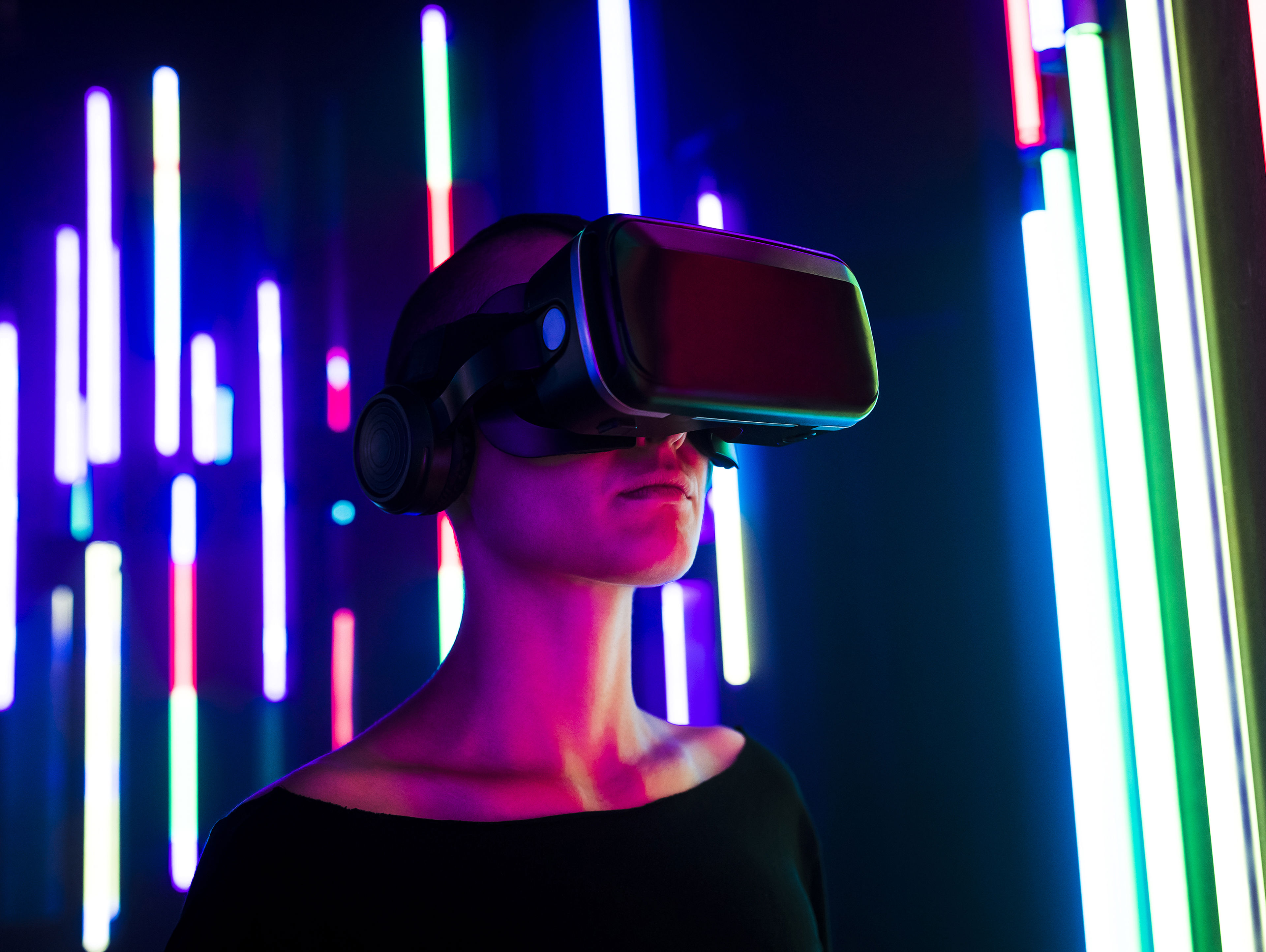 Woman Wearing Virtual Reality Simulator