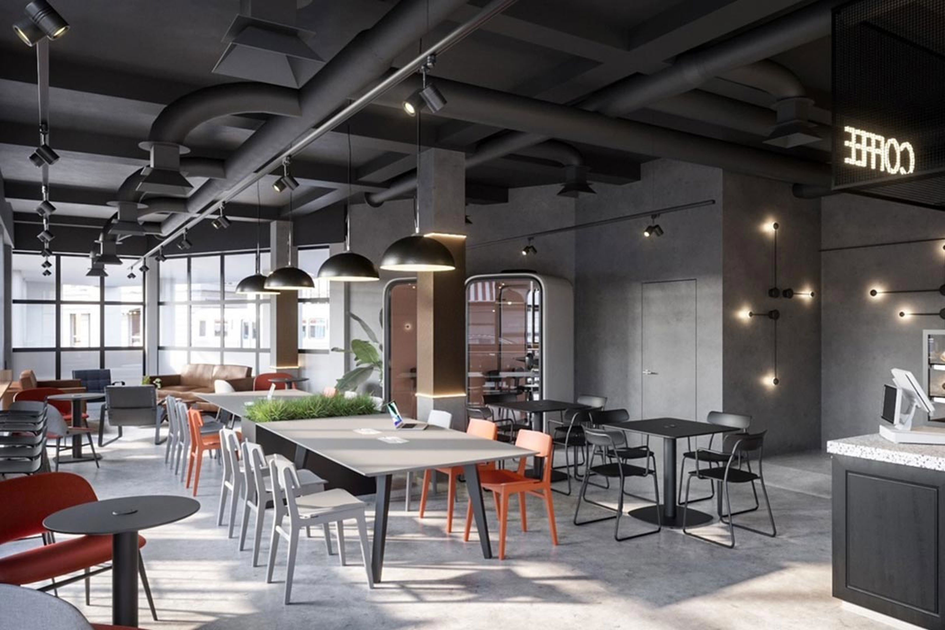 Modern coffee shop with industrial design, featuring gray walls, exposed pipes, pendant lights, a mix of tables and chairs in neutral colors, large windows, and a coffee counter on the right.