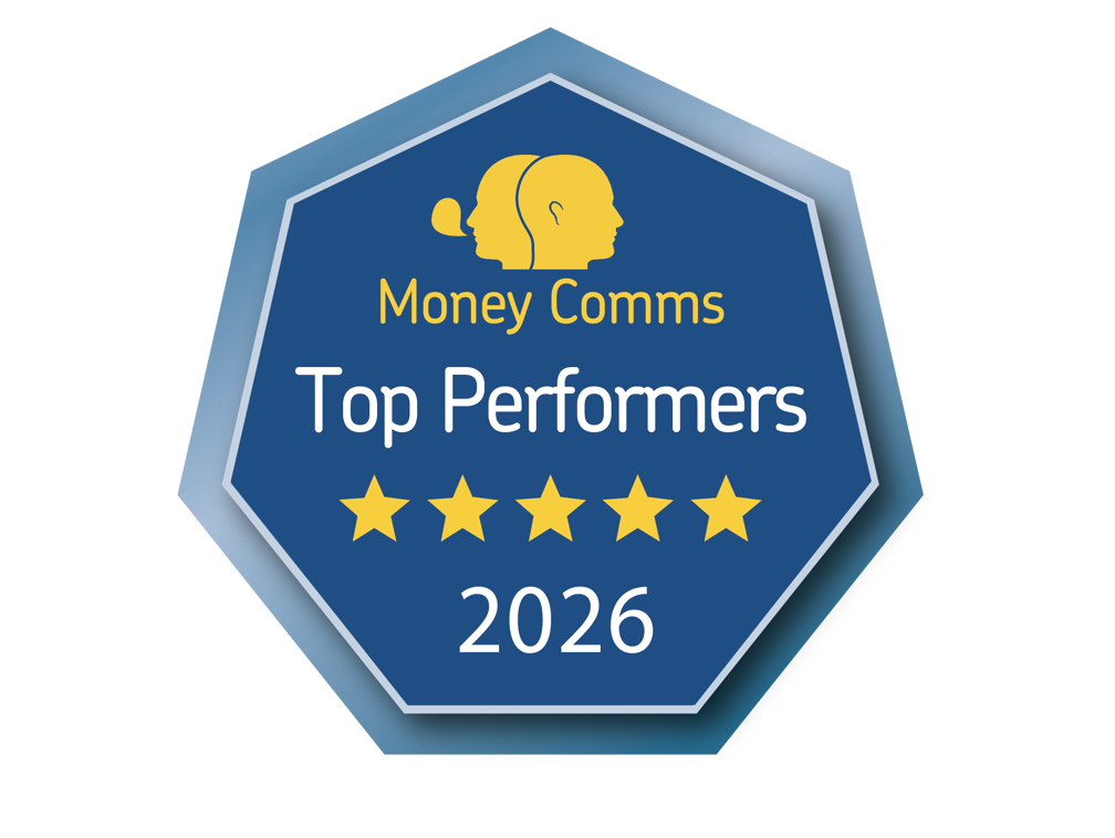 A blue and gold hexagonal badge reads "Money Comms Top Performers 2026" with five gold stars and a silhouette of two heads above the text.