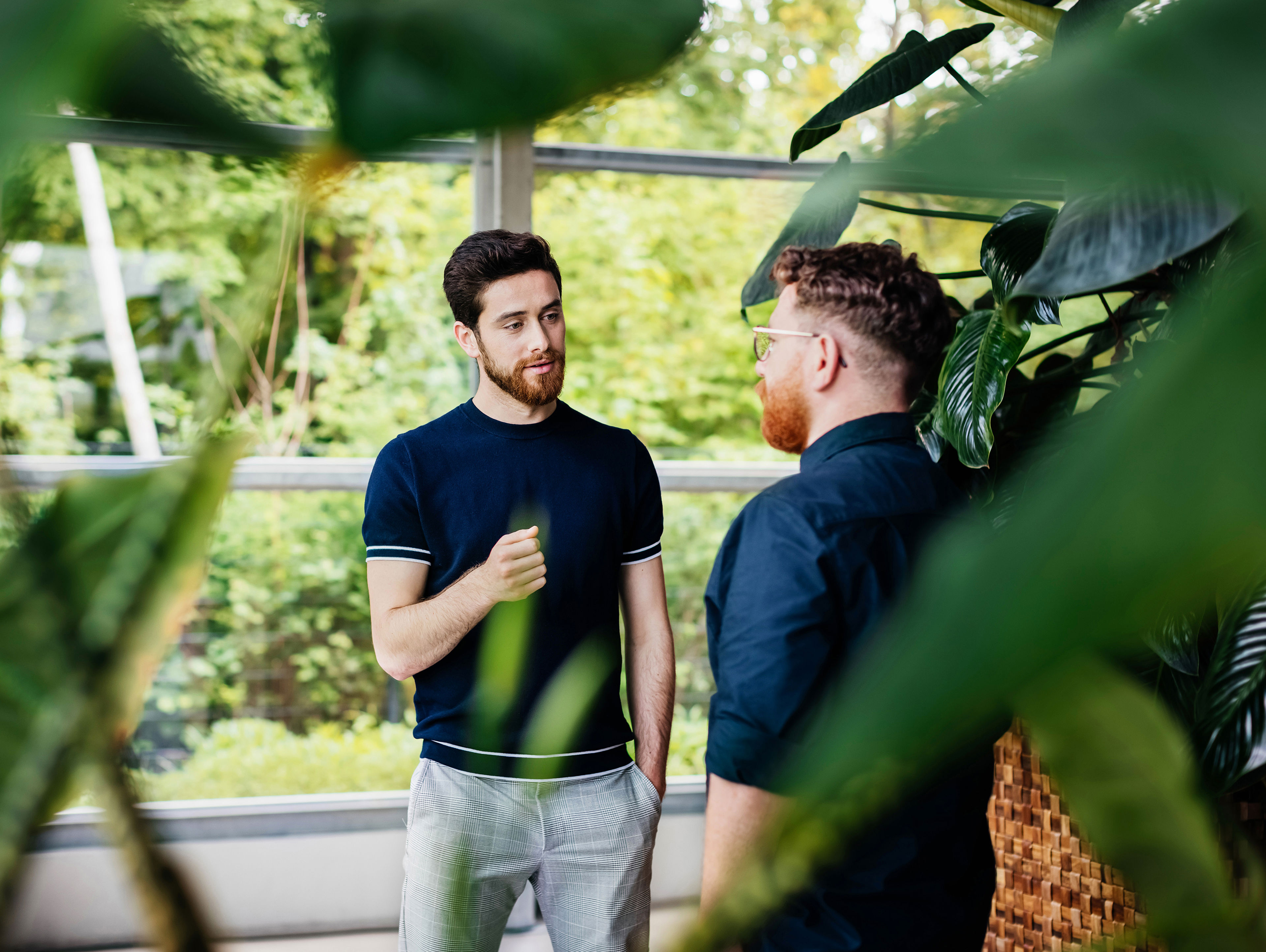 Two Colleagues Talking Amongst Plants In Green Office