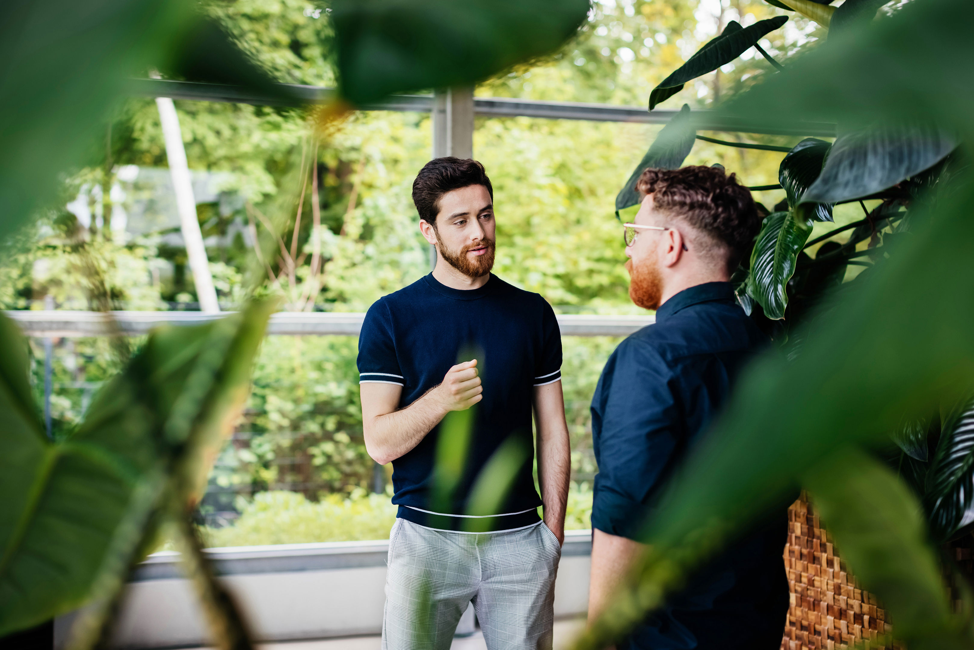 Two Colleagues Talking Amongst Plants In Green Office