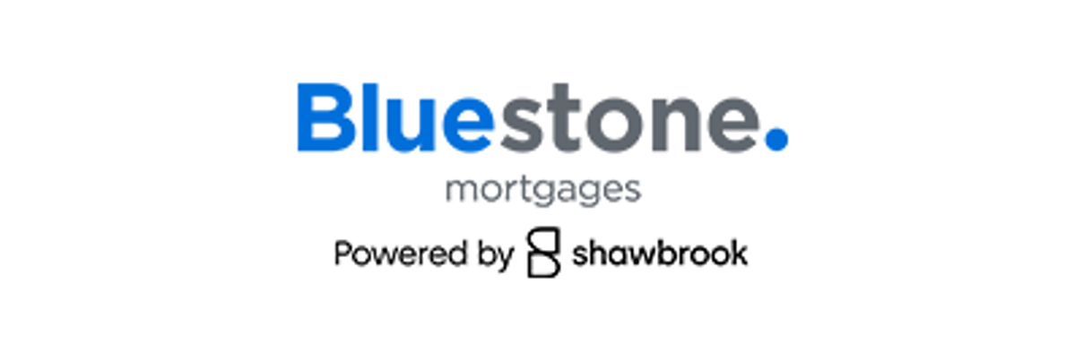 Logo for Bluestone Mortgages with the words "Powered by Shawbrook" and the Shawbrook logo underneath. The text "Blue" is in blue, "stone." is in gray, and the rest is in black.
