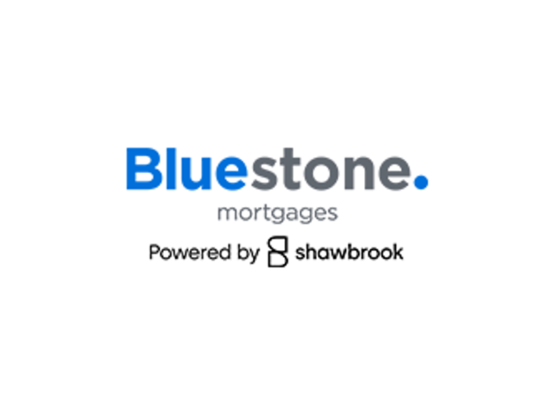 Logo for Bluestone Mortgages with the words "Powered by Shawbrook" and the Shawbrook logo underneath. The text "Blue" is in blue, "stone." is in gray, and the rest is in black.