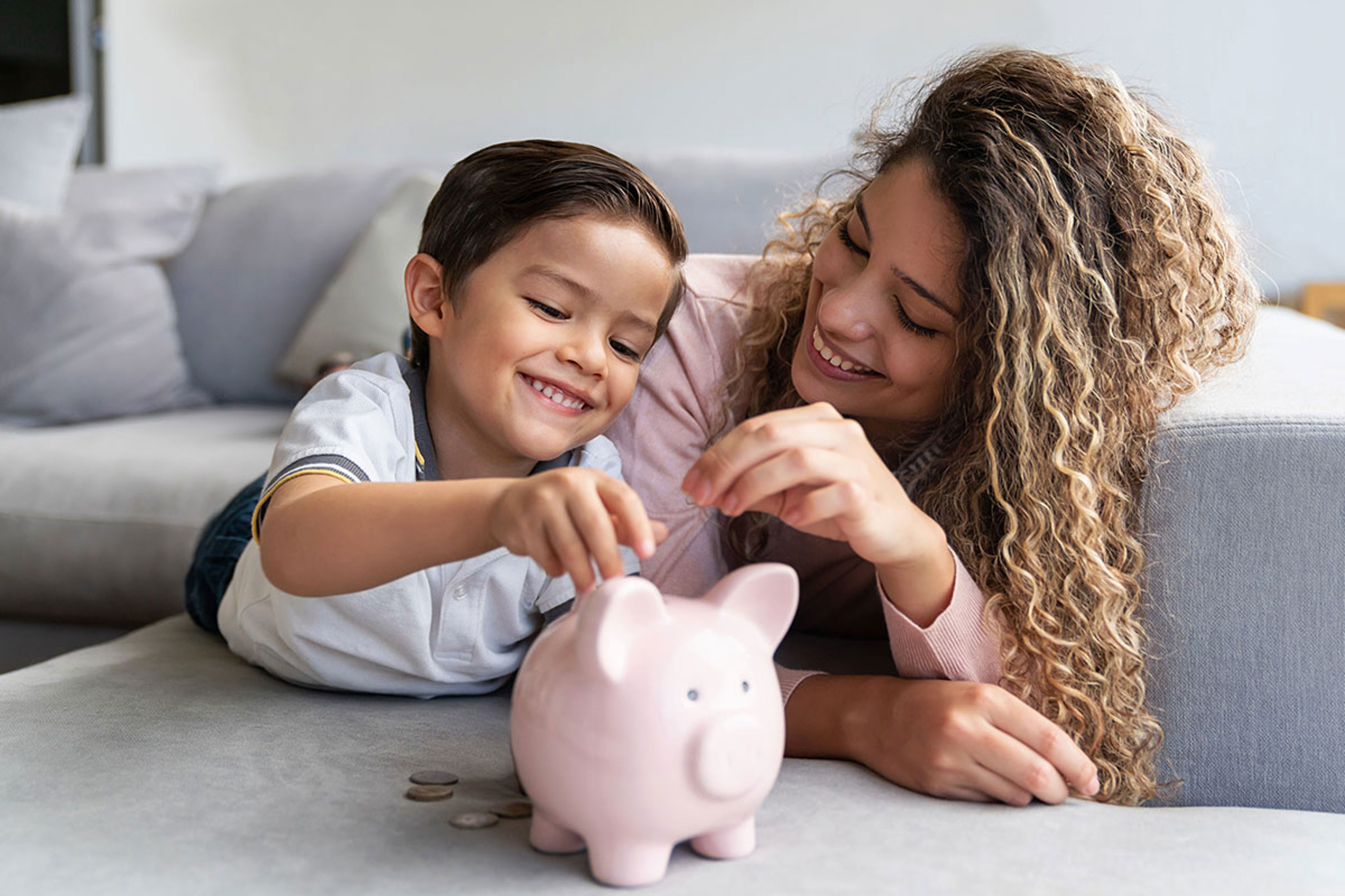 Name Woman And Boy With Piggy Bank